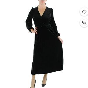 INC Dress Crushed Velvet Long Sleeve Maxi Dress with Belt Tie in Black Size S